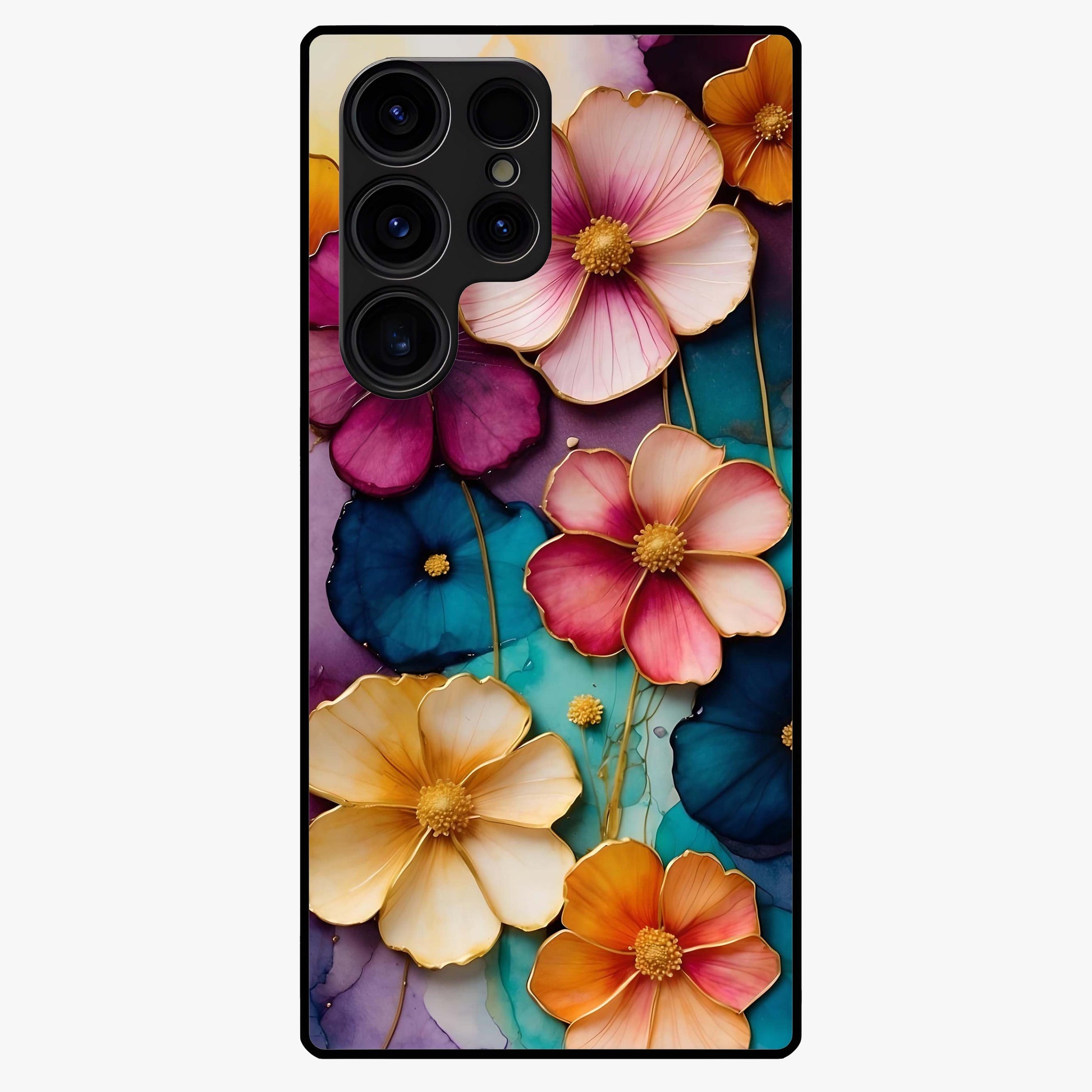 Artlyn Grace Flower Pattern Glass Case showing flat back view with elegant floral pattern artwork and glossy glass finish.