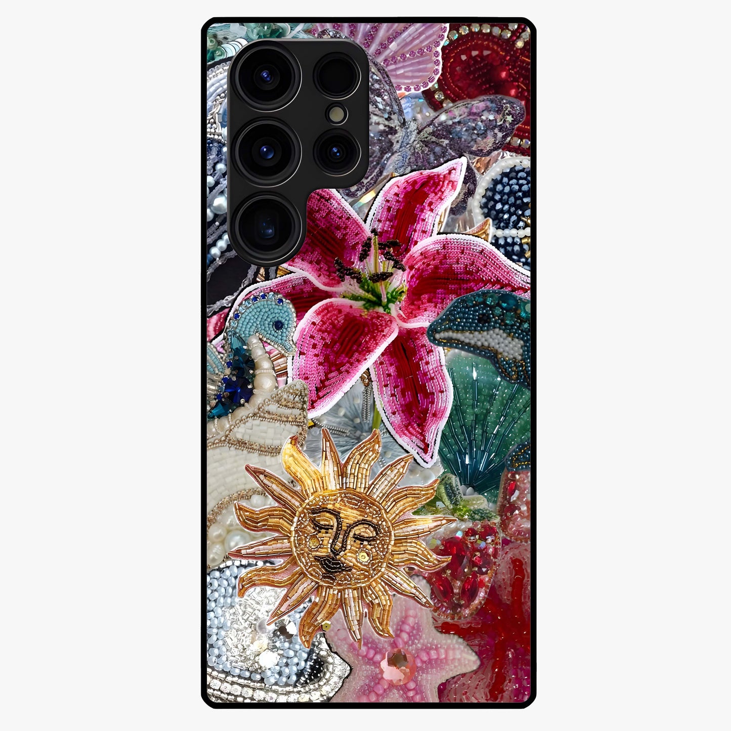 Beaded Garden Fantasy Glass Case showing flat back view with dreamy garden bead artwork and glossy glass finish.