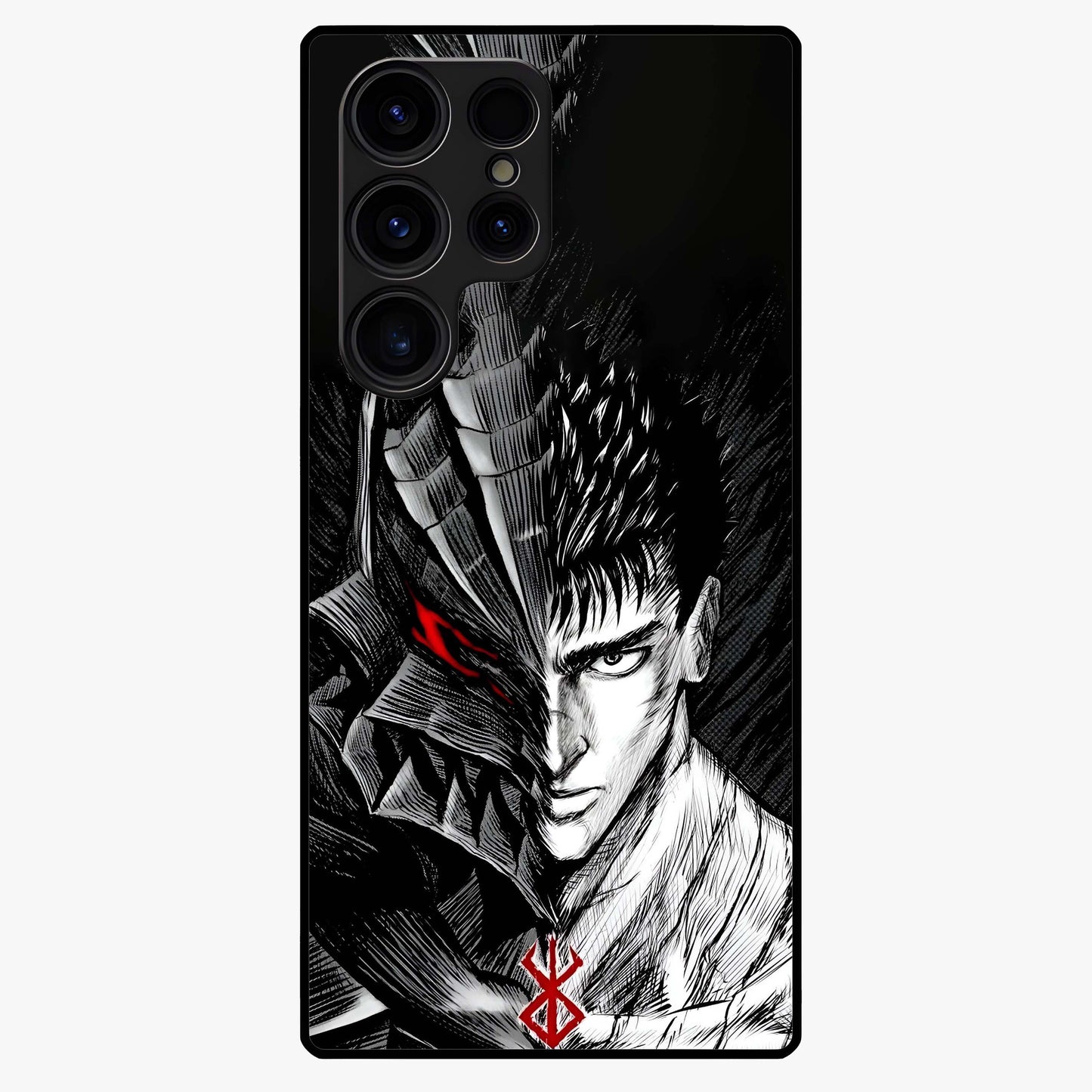 Berserker Blood Oath Glass Case showing flat back view with fierce warrior inspired artwork and glossy glass finish.