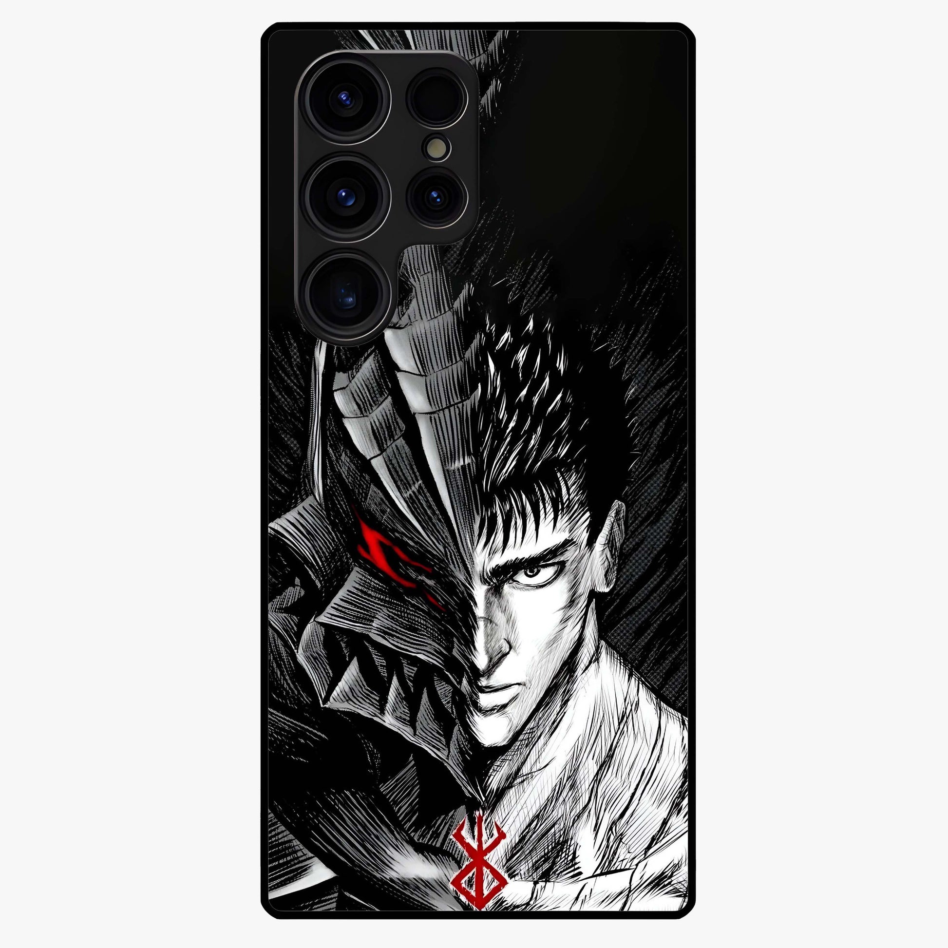 Berserker Blood Oath Glass Case showing flat back view with fierce warrior inspired artwork and glossy glass finish.