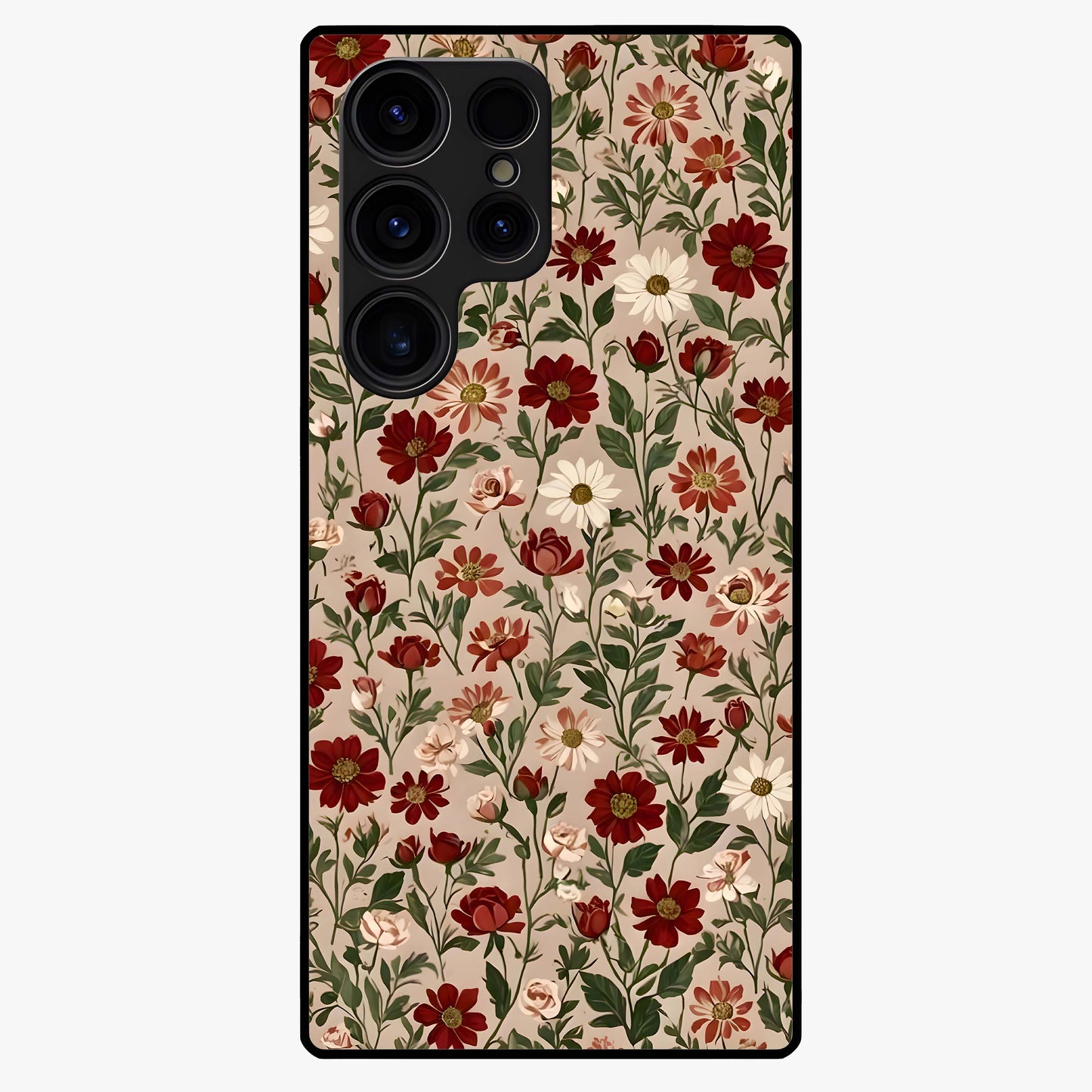 Biege Flower With Leaf Glass Case showing flat back view with soft beige floral artwork and glossy glass finish.
