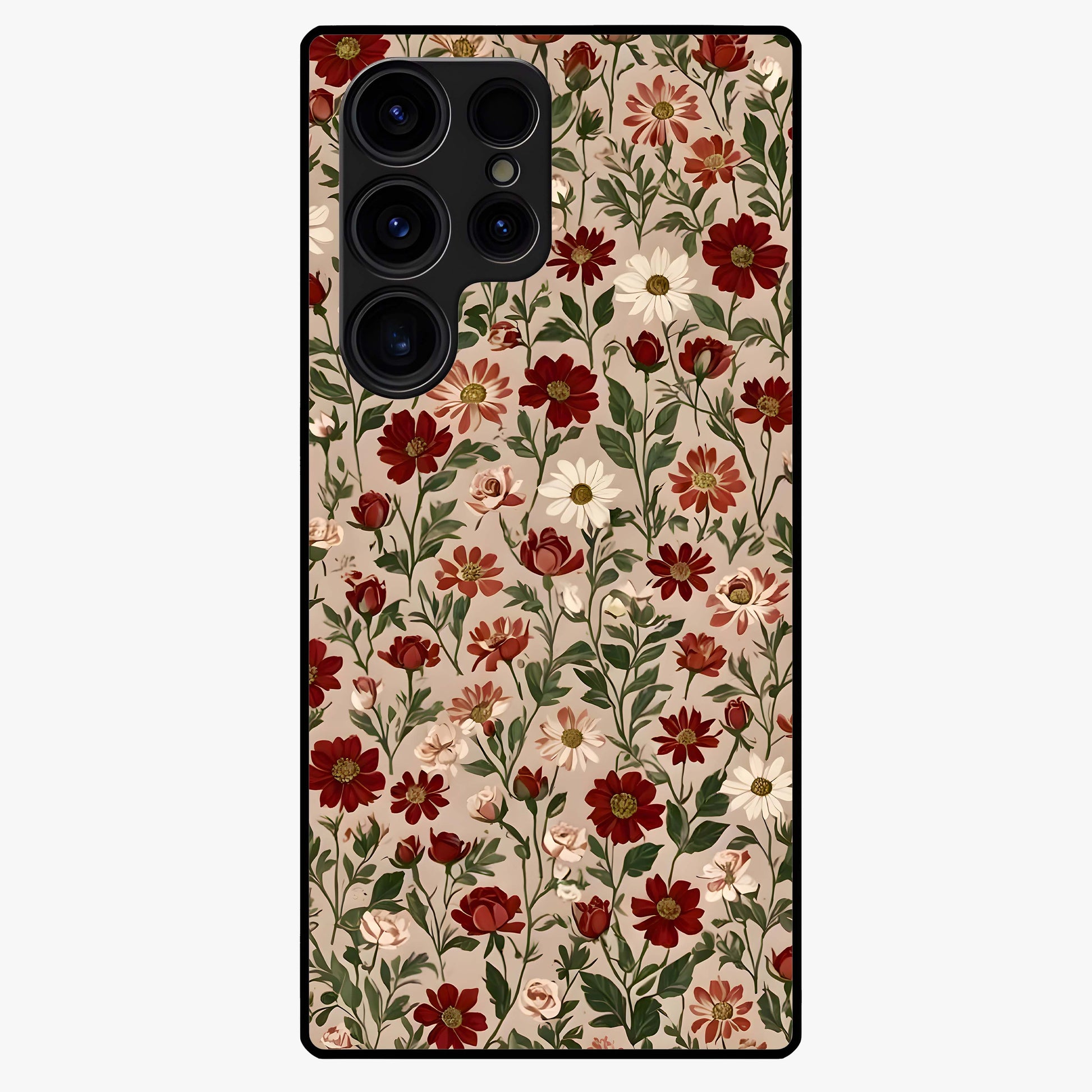Biege Flower With Leaf Glass Case showing flat back view with soft beige floral artwork and glossy glass finish.