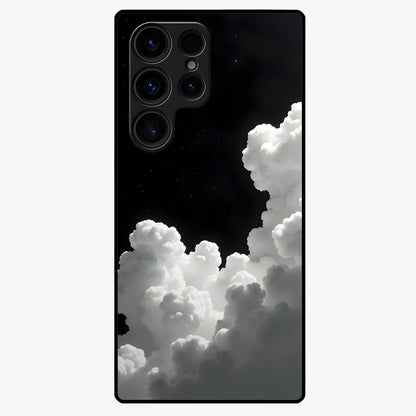 Black Background With White Cloud Glass Case showing flat back view with minimal cloud artwork on dark background and glossy glass finish.