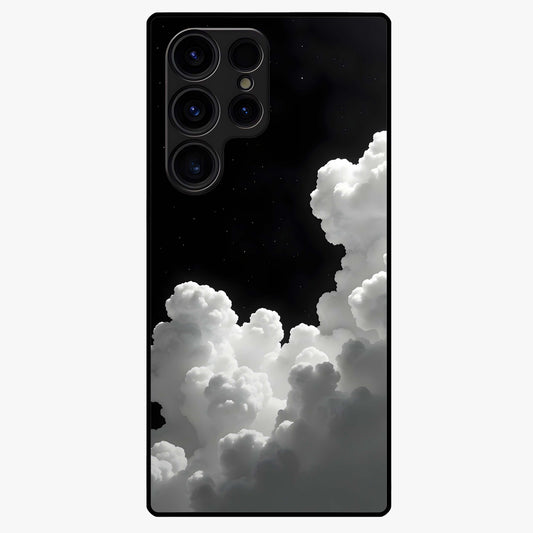 Black Background With White Cloud Glass Case showing flat back view with minimal cloud artwork on dark background and glossy glass finish.