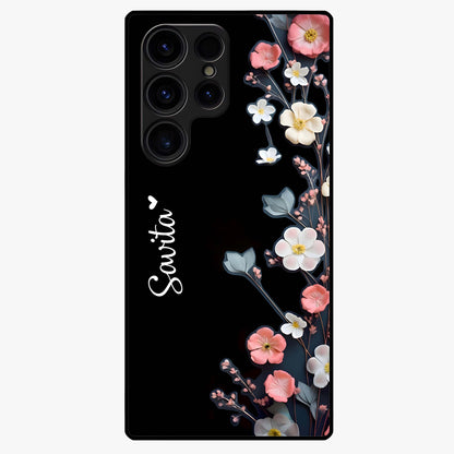 Black Elegance Floral Custom Name Glass Case showing flat back view with elegant floral artwork and personalized name design.