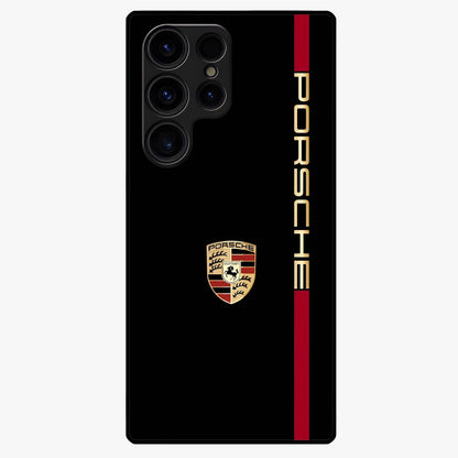 Black Minimal Porsche Glass Case showing flat back view with sleek minimal sports car artwork and glossy glass finish.
