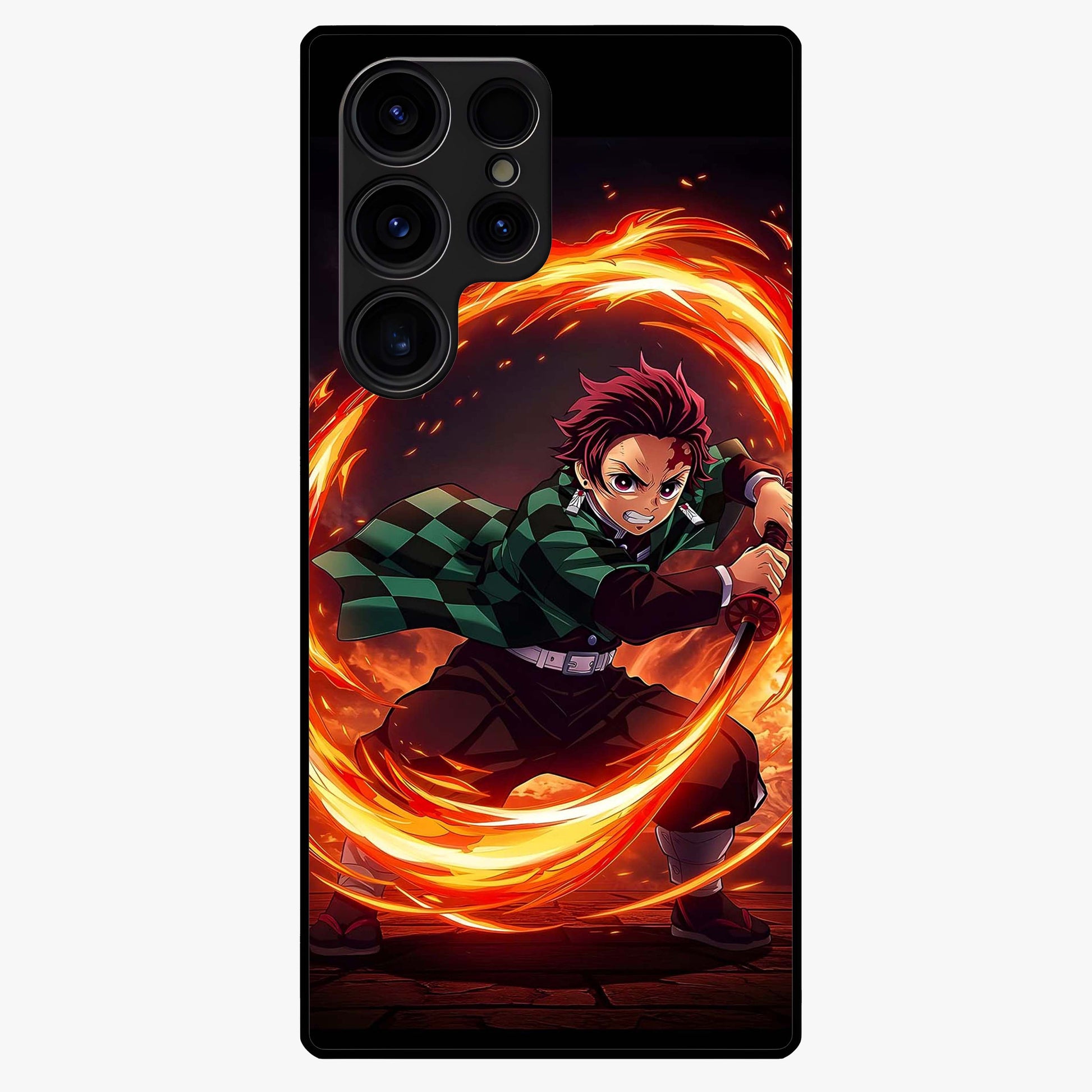 Blazing Sword Resolve Glass Case showing flat back view with fiery sword artwork and glossy glass finish.