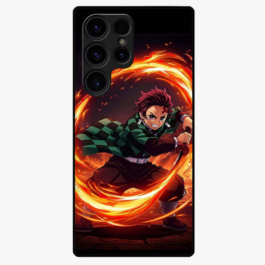 Blazing Sword Resolve Glass Case showing flat back view with fiery sword artwork and glossy glass finish.