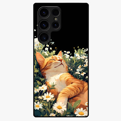 Blissful Bloom Cat Glass Case showing flat back view with cute cat and floral bloom artwork and glossy glass finish.