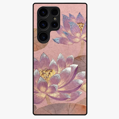 Blossom Mist Lotus Glass Case showing flat back view with serene lotus blossom artwork and glossy glass finish.