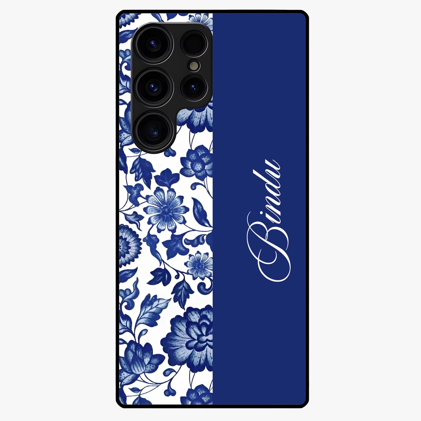 Blue Vintage Floral Pattern Glass Case upright view showcasing timeless floral illustration with vintage inspired style.