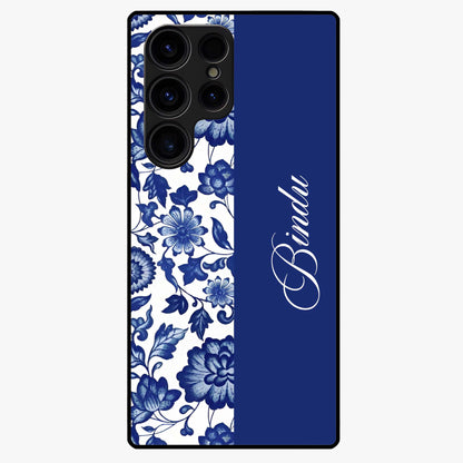 Blue Vintage Floral Pattern Glass Case upright view showcasing timeless floral illustration with vintage inspired style.
