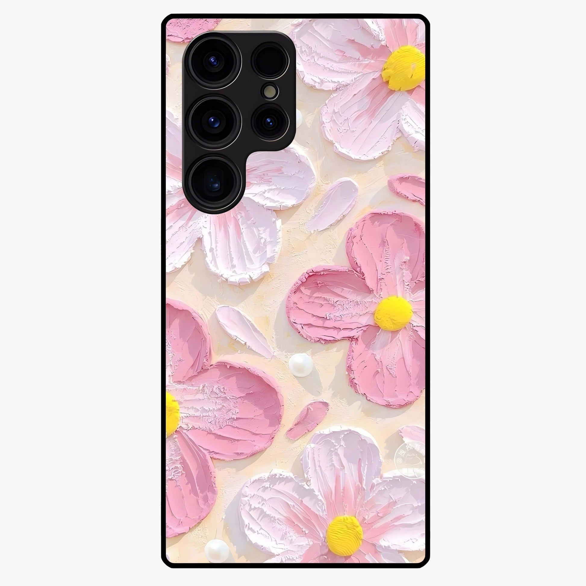 Blush Bloom Texture Glass Case showing flat back view with soft blush floral texture artwork and glossy glass finish.