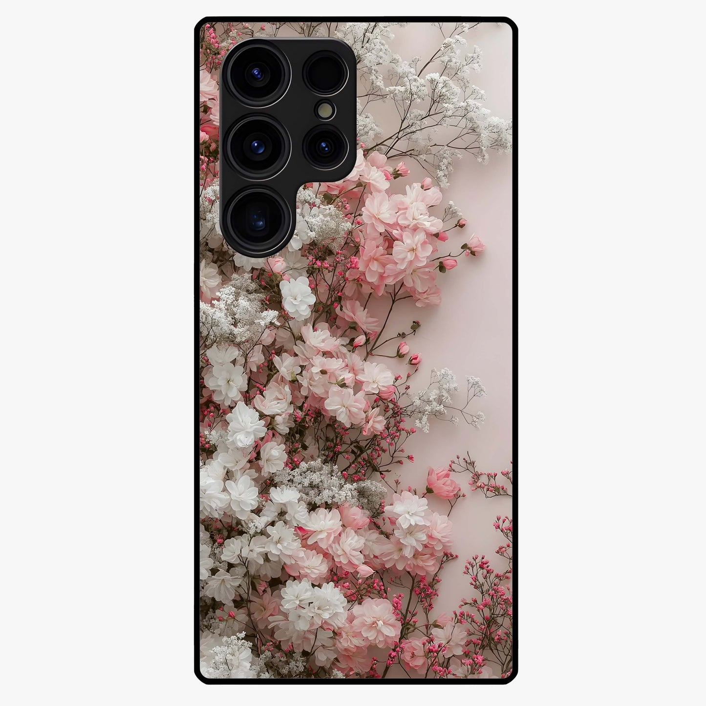 Blush Blossom Cloud Glass Case showing flat back view with dreamy blush cloud blossom artwork and glossy glass finish.