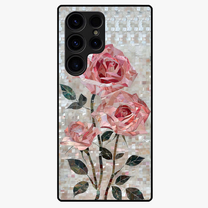 Blush Mosaic Bloom Glass Case showing flat back view with mosaic floral bloom artwork and glossy glass finish.