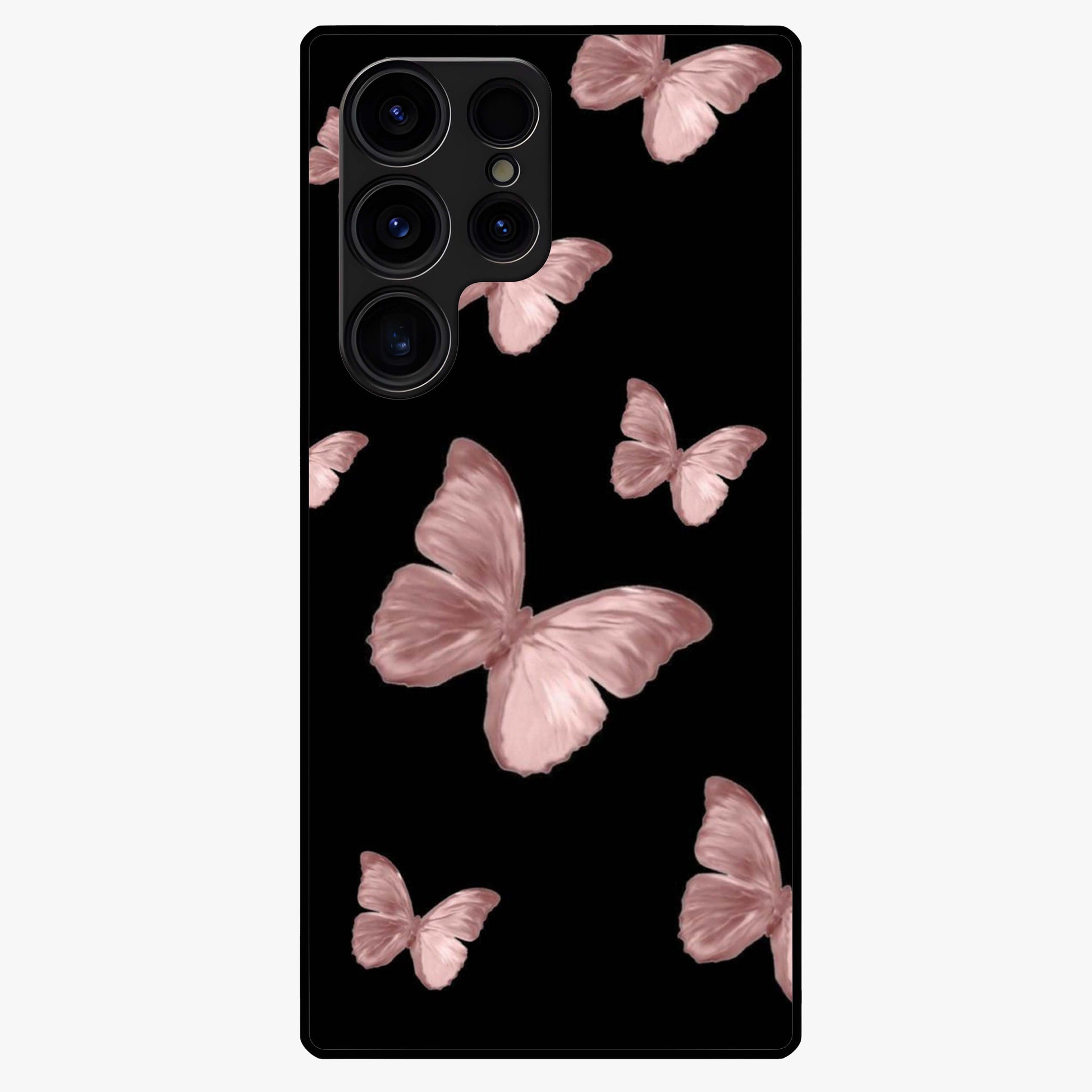 Butterfly Pattern Glass Case showing flat back view with elegant butterfly pattern artwork and glossy glass finish.