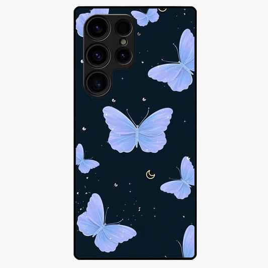 Butterfly With Stars Pattern Glass Case showing flat back view with butterfly and star pattern artwork and glossy glass finish.