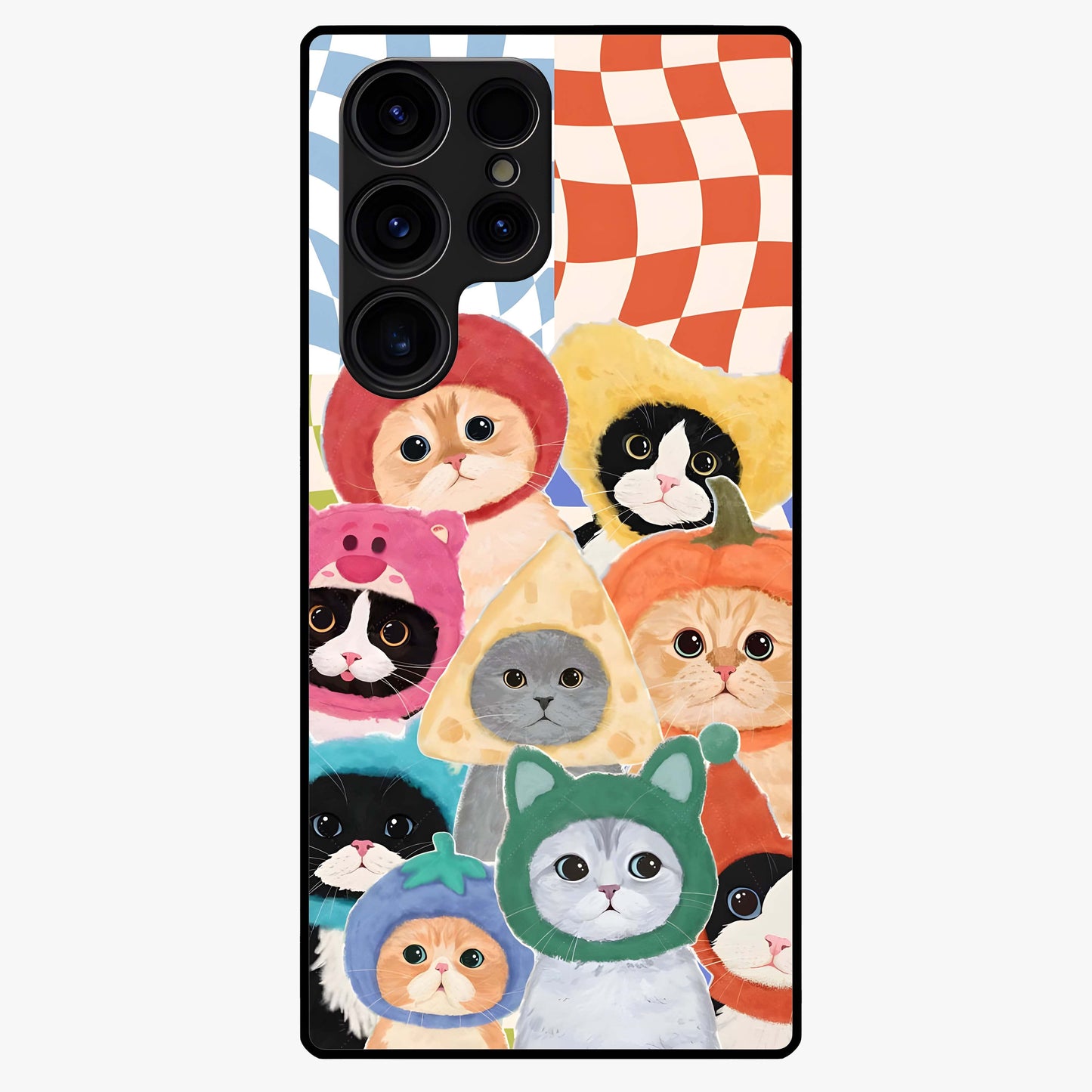 Cats in Fruits Glass Case showing flat back view with playful cat illustrations inside fruit artwork and glossy glass finish.