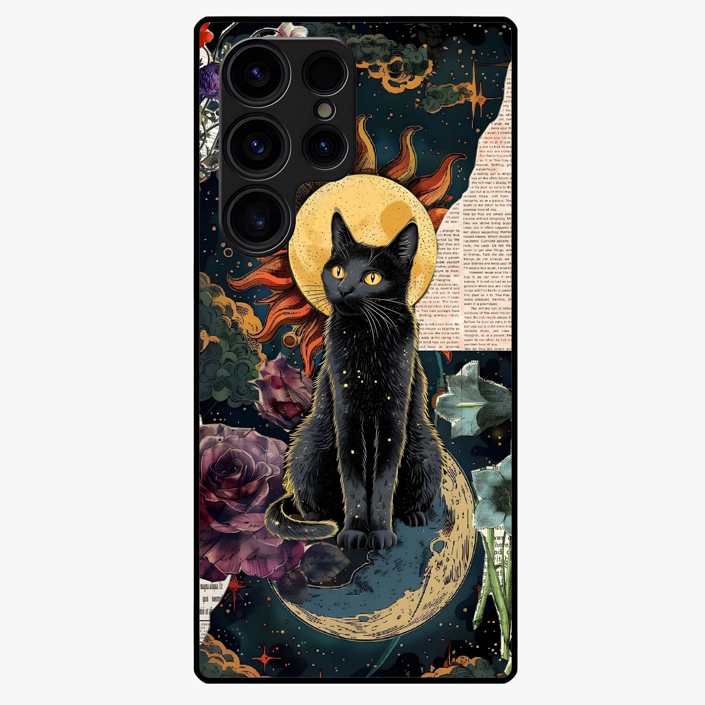Celestial Black Cat Glass Case showing flat back view with mystical black cat artwork and glossy glass finish.