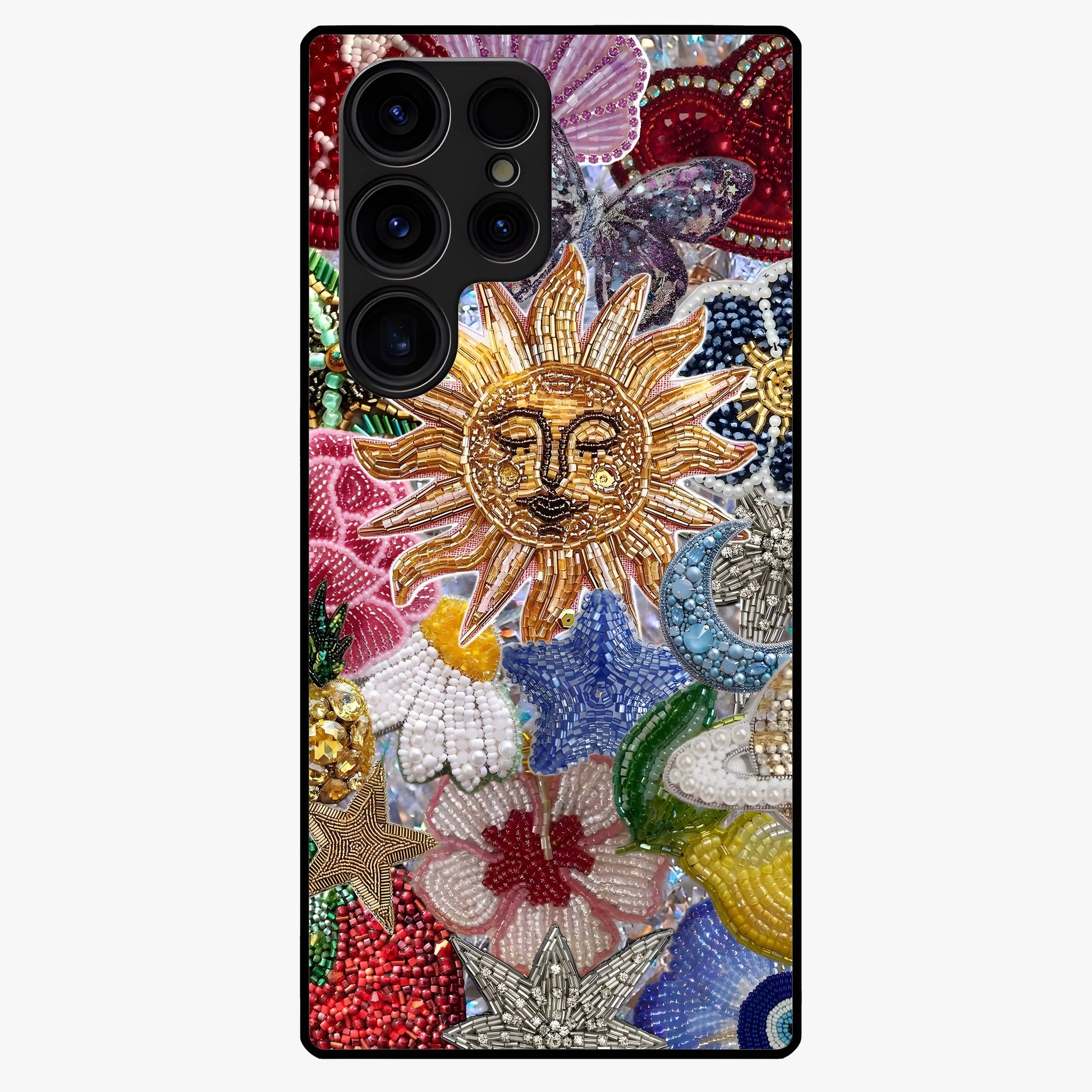 Celestial Floral and Playful Glass Case showing flat back view with floral and celestial themed artwork and glossy glass finish.