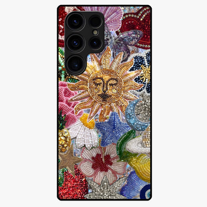 Celestial Floral and Playful Glass Case showing flat back view with floral and celestial themed artwork and glossy glass finish.