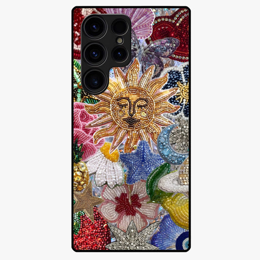 Celestial Floral and Playful Glass Case showing flat back view with floral and celestial themed artwork and glossy glass finish.