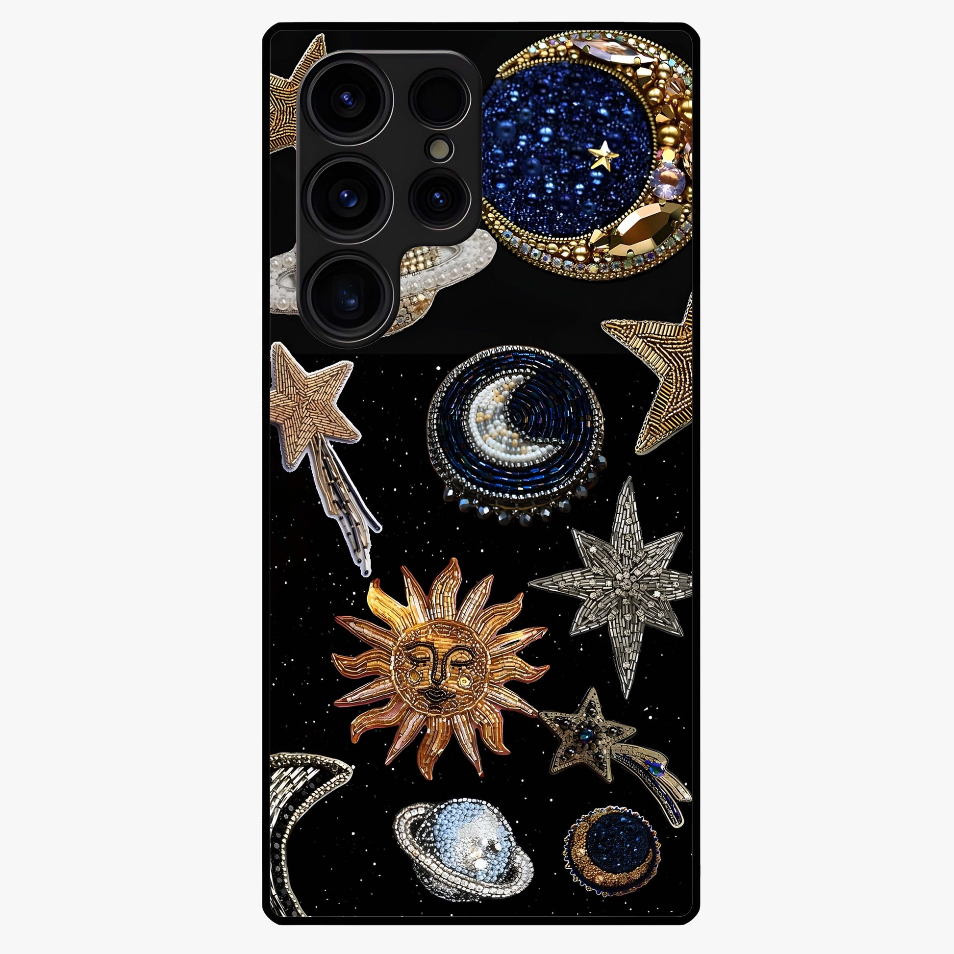 Celestial Gem Constellations Glass Case showing flat back view with sparkling constellation artwork and glossy glass finish.