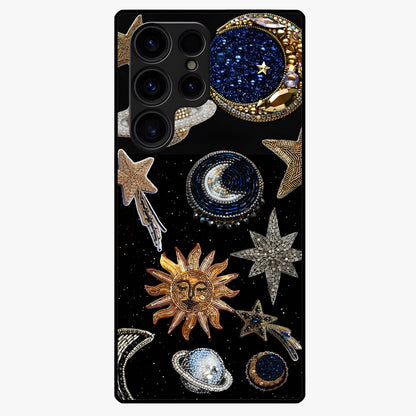 Celestial Gem Constellations Glass Case showing flat back view with sparkling constellation artwork and glossy glass finish.