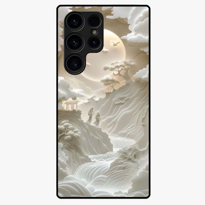 Celestial Origami Glass Case showing flat back view with artistic origami inspired celestial artwork and glossy glass finish.