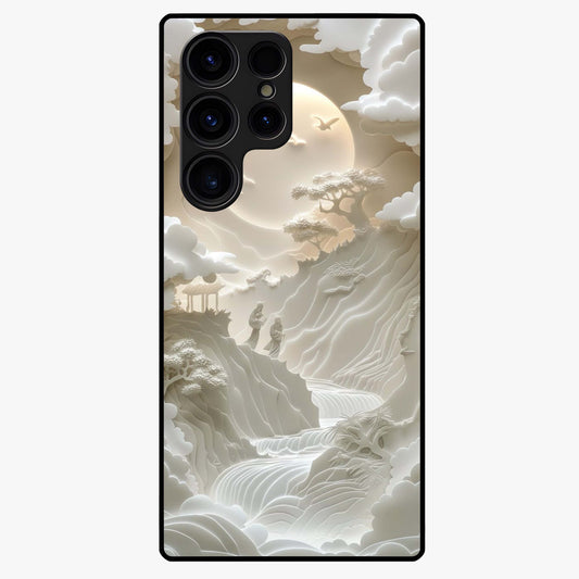 Celestial Origami Glass Case showing flat back view with artistic origami inspired celestial artwork and glossy glass finish.