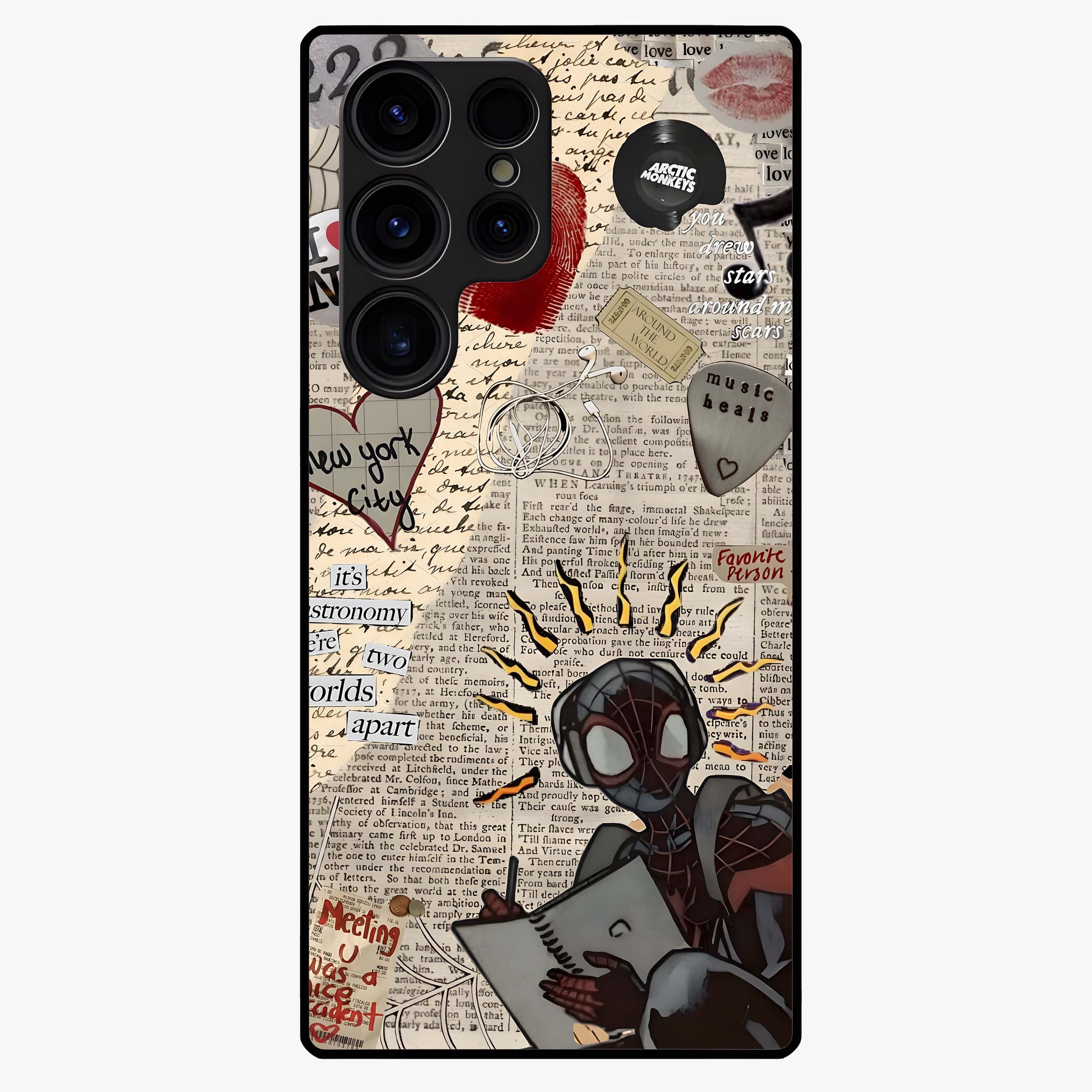 City Dream Sketch Glass Case showing flat back view with artistic city skyline sketch artwork and glossy glass finish.