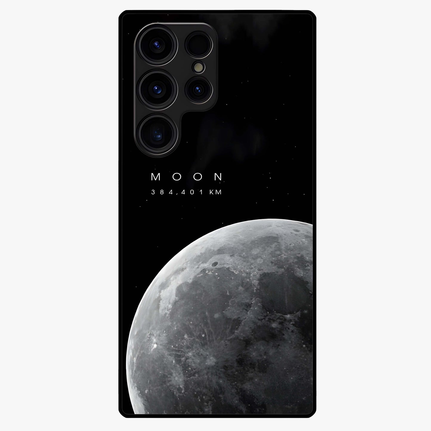 Cosmic Moon Glow Glass Case showing flat back view with glowing moon artwork and glossy glass finish.
