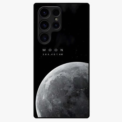Cosmic Moon Glow Glass Case showing flat back view with glowing moon artwork and glossy glass finish.