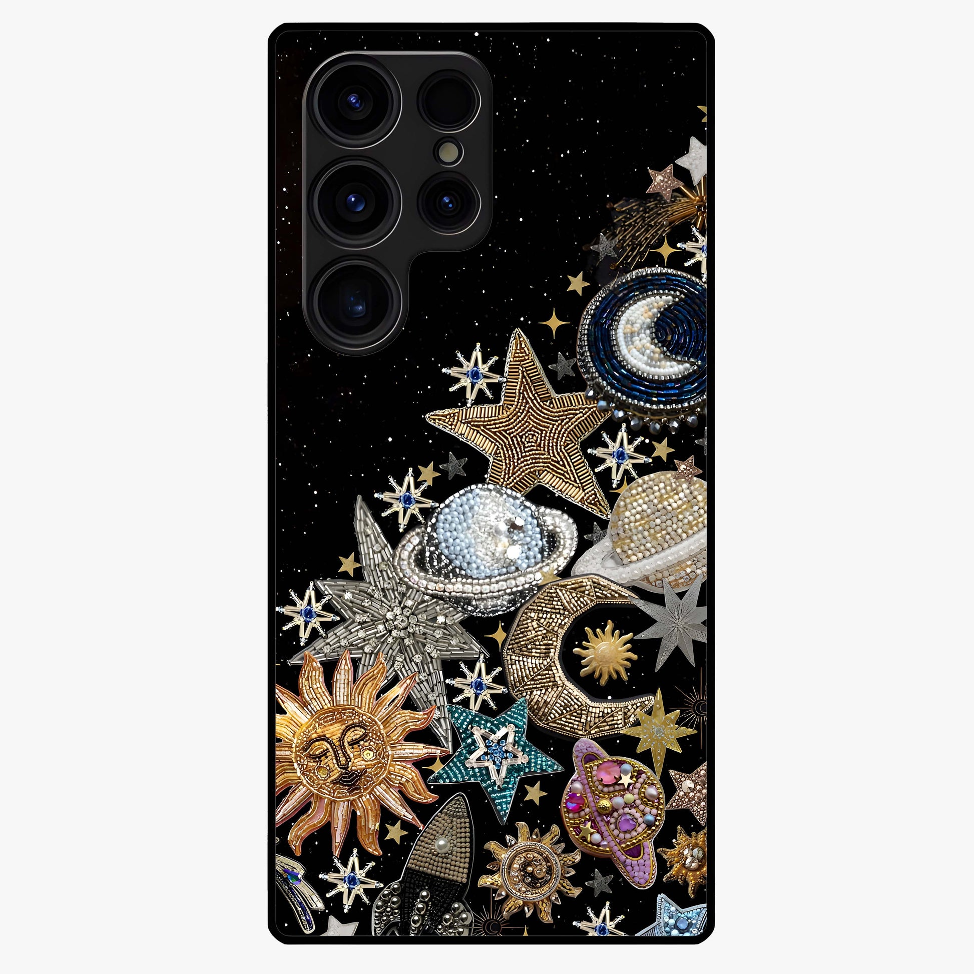 Cosmic Sparkle Dreams Glass Case showing flat back view with sparkling cosmic artwork and glossy glass finish.
