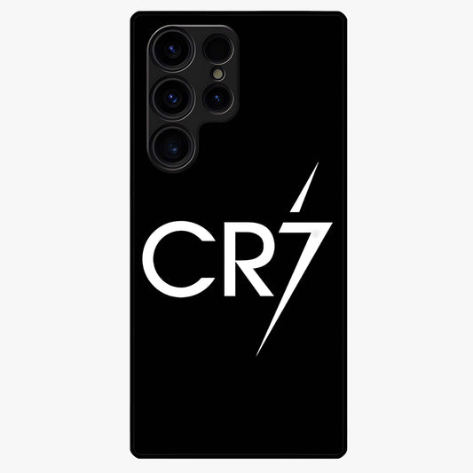 Cr7 Elite Strike Glass Case showing flat back view with dynamic football inspired artwork and glossy glass finish.