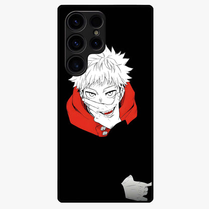 Crimson Chaos Smile Glass Case showing flat back view with bold chaotic smile artwork and glossy glass finish.