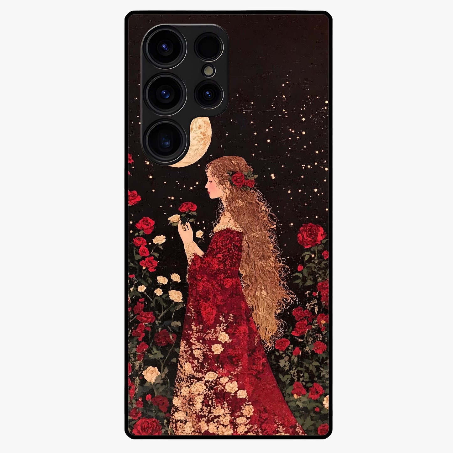 Crimson Dreams Glass Case showing flat back view with dreamy crimson artwork and glossy glass finish.