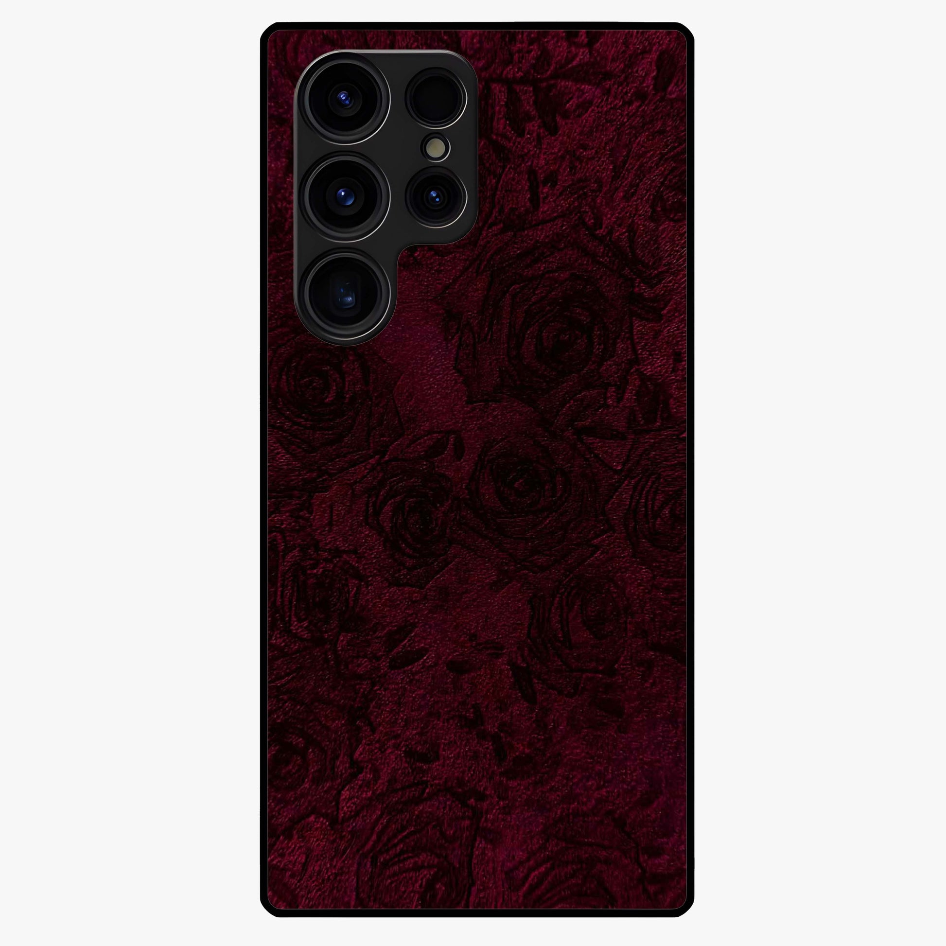 Crimson Fade Flow Glass Case showing flat back view with flowing crimson gradient artwork and glossy glass finish.