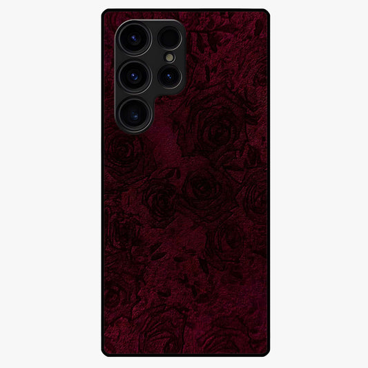 Crimson Fade Flow Glass Case showing flat back view with flowing crimson gradient artwork and glossy glass finish.