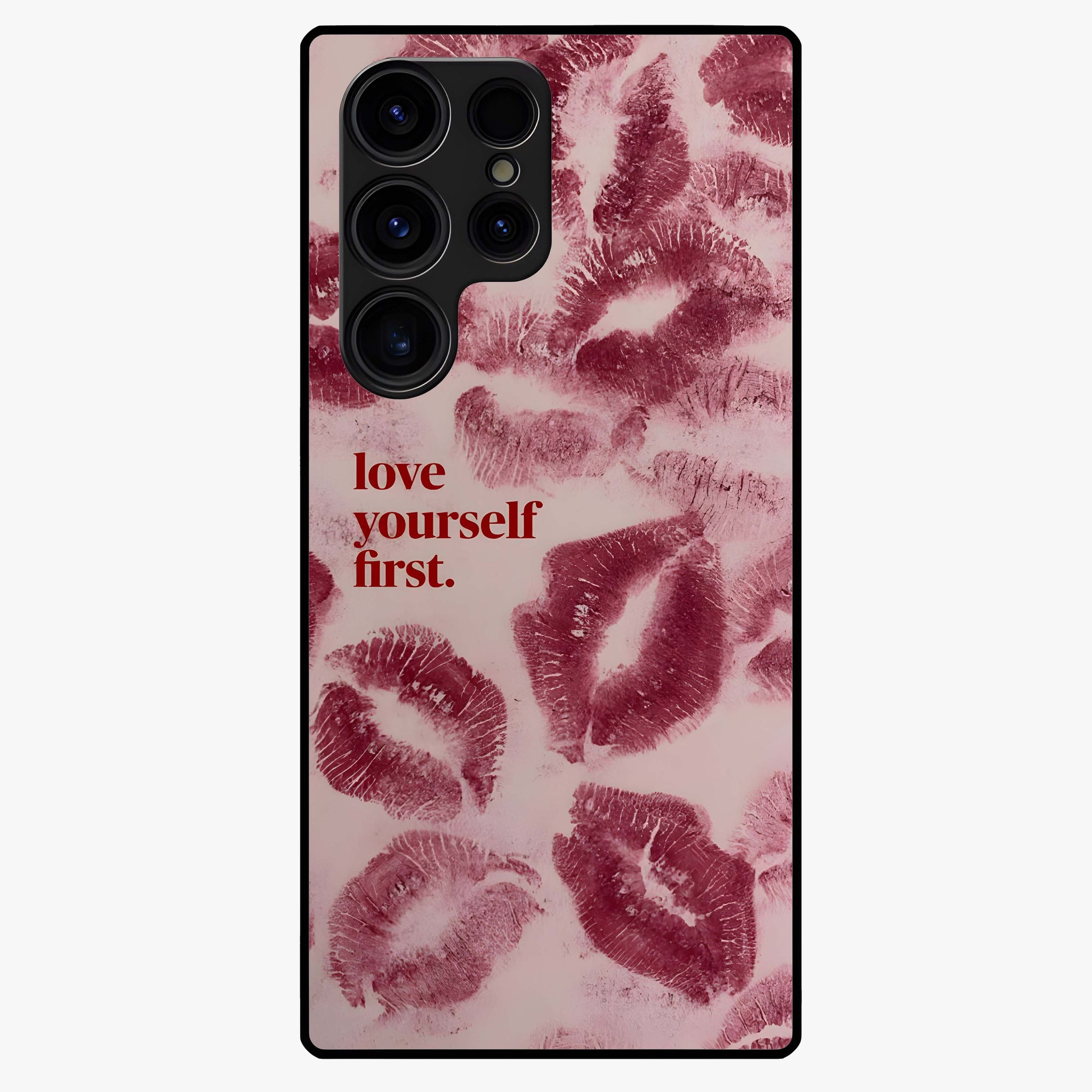Crimson Kiss Love Glass Case showing flat back view with romantic crimson themed artwork and glossy glass finish.