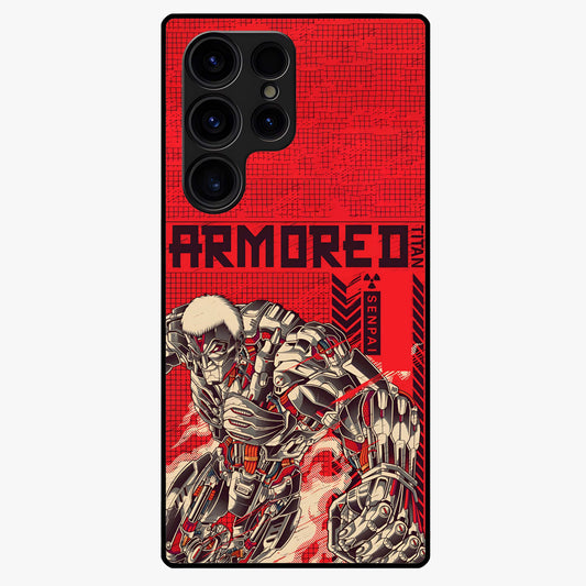 Crimson Mecha Titan Glass Case showing flat back view with powerful mech titan artwork and glossy glass finish.