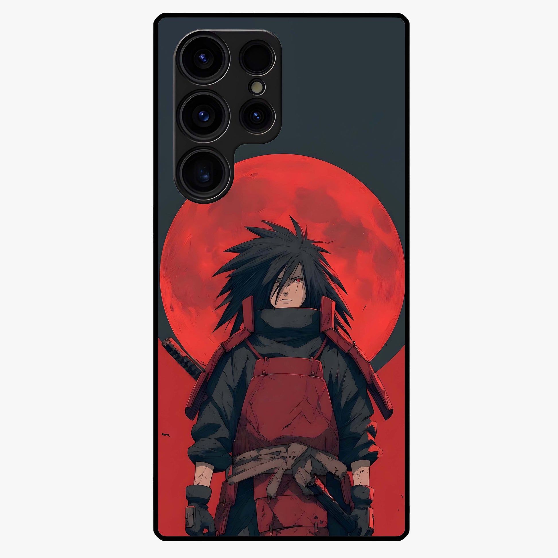 Crimson Moon Warlord Glass Case showing flat back view with mystical moon warrior artwork and glossy glass finish.