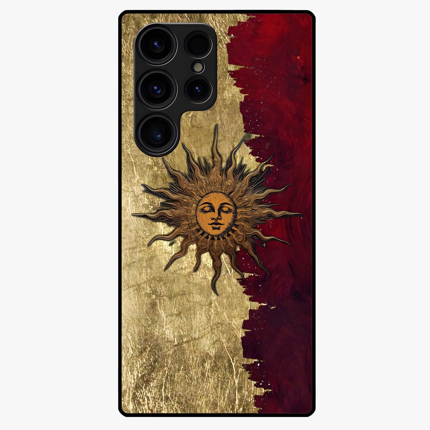 Crimson Sun Majesty Glass Case showing flat back view with radiant sun inspired artwork and glossy glass finish.