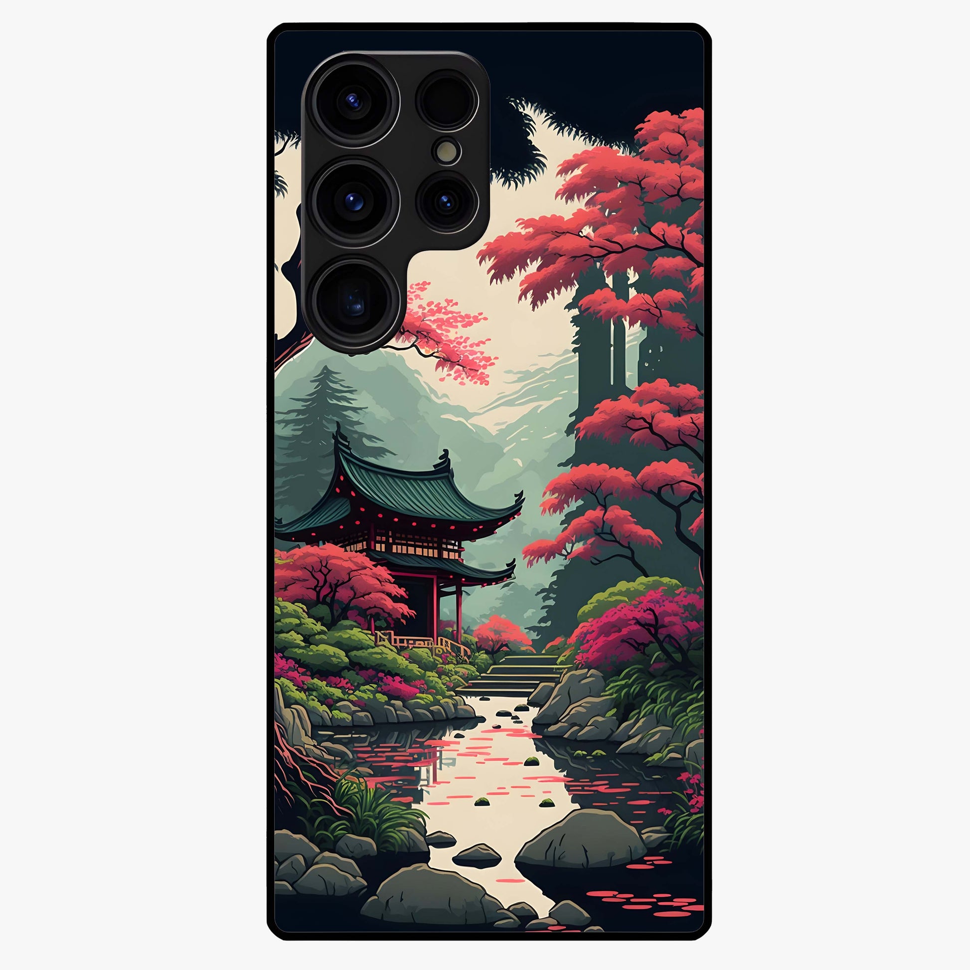 Crimson Temple View Glass Case showing flat back view with temple inspired artwork and glossy glass finish.