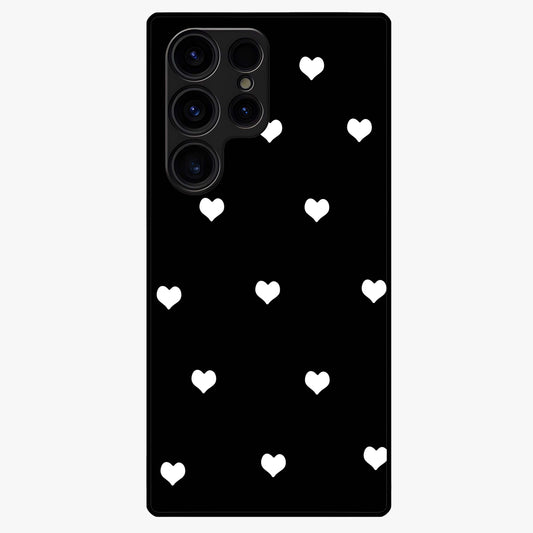 Cute And Simple White Hearts Glass Case showing flat back view with minimal white heart pattern and glossy glass finish.