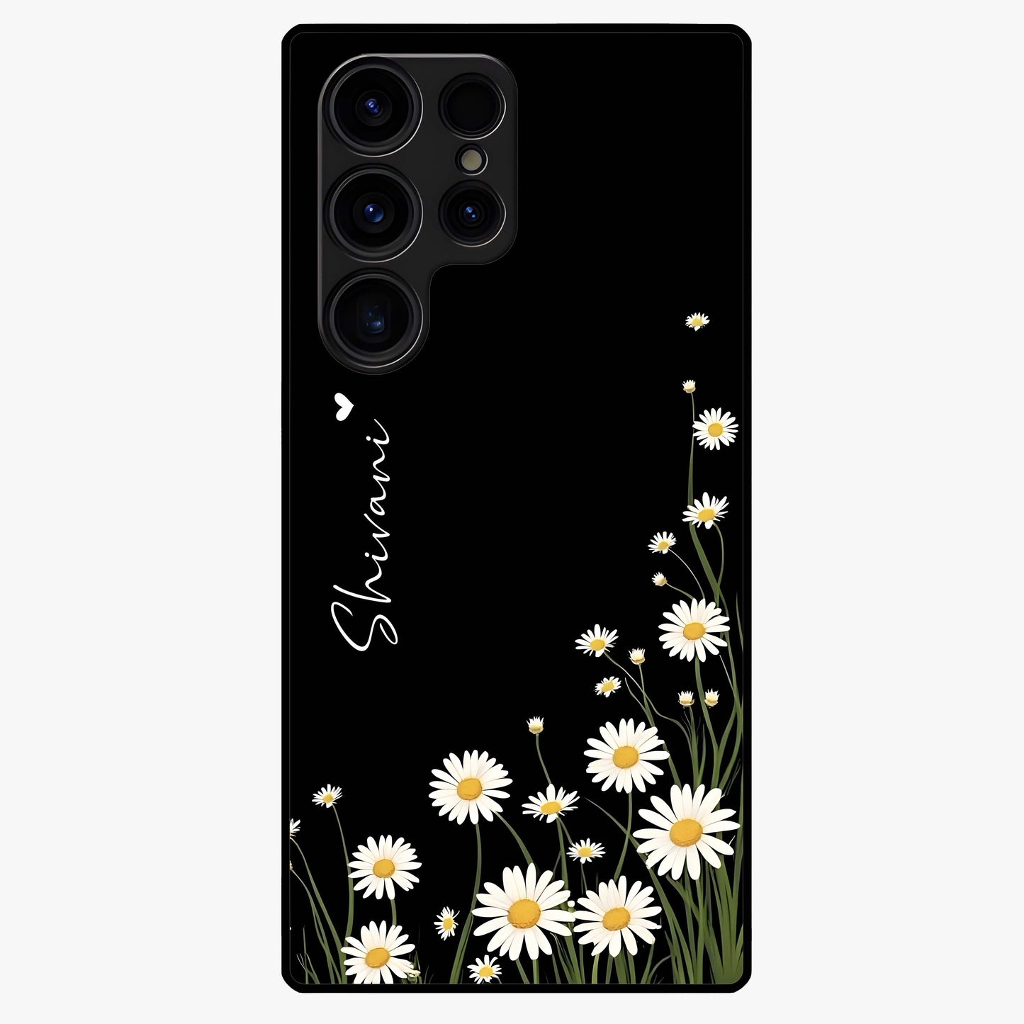 Daisy Cascade Custom Name Glass Case showing flat back view with cascading daisy flowers and personalized name design.