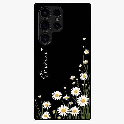 Daisy Cascade Custom Name Glass Case showing flat back view with cascading daisy flowers and personalized name design.