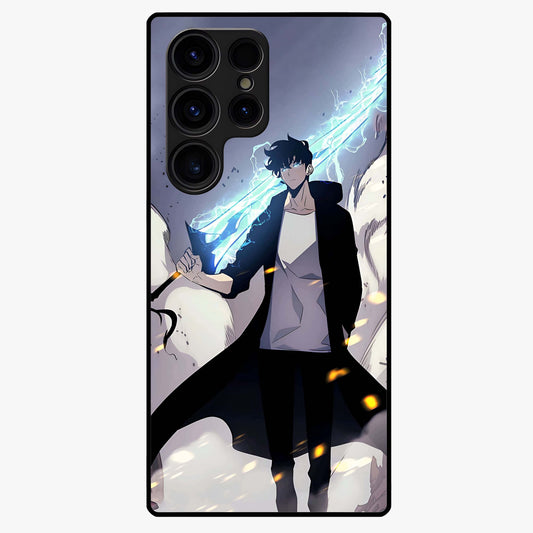 Dark Lightning Anime Warrior Glass Case showing flat back view with intense anime warrior artwork and glossy glass finish.