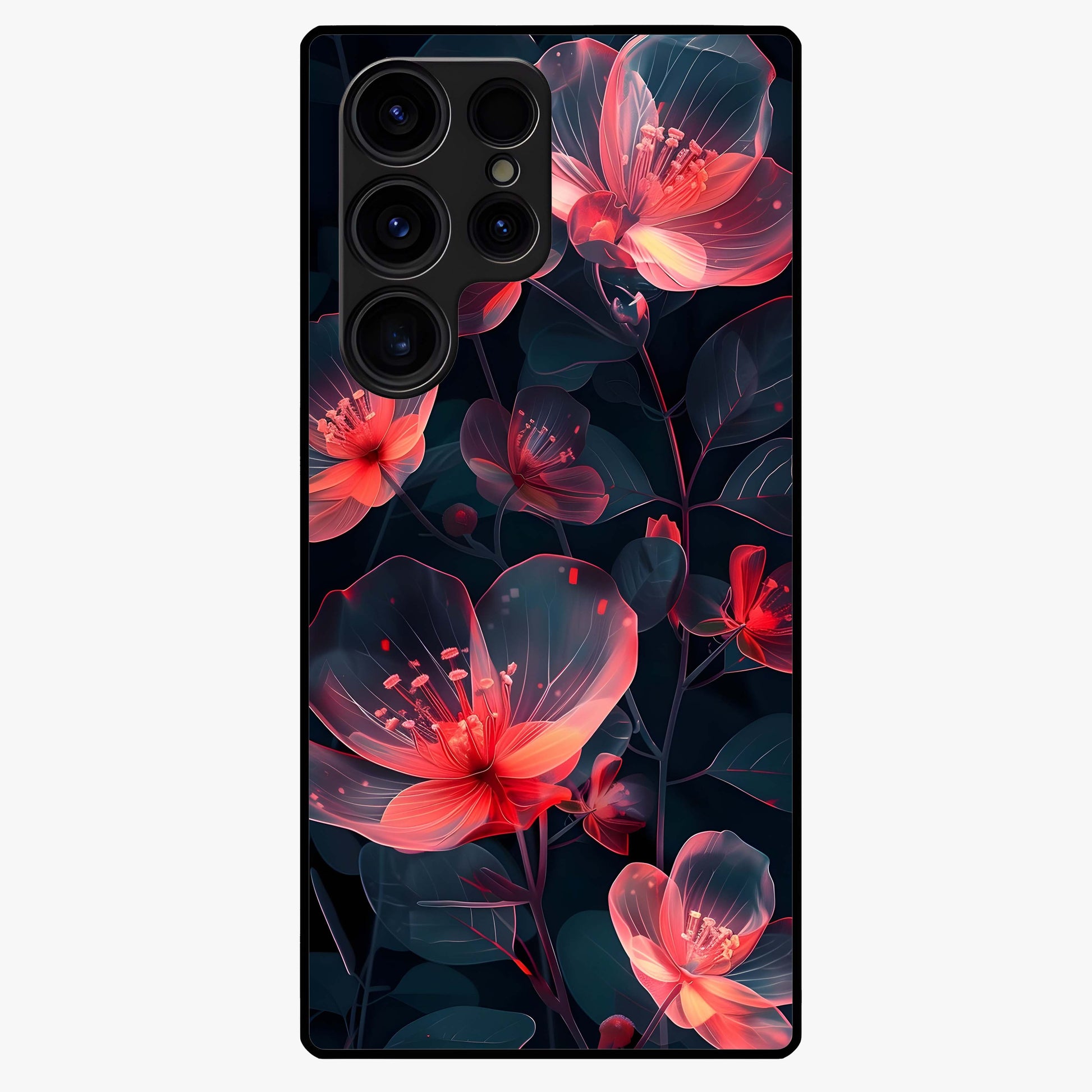 Dark Shade of Flower Glass Case showing flat back view with elegant dark floral artwork and glossy glass finish.