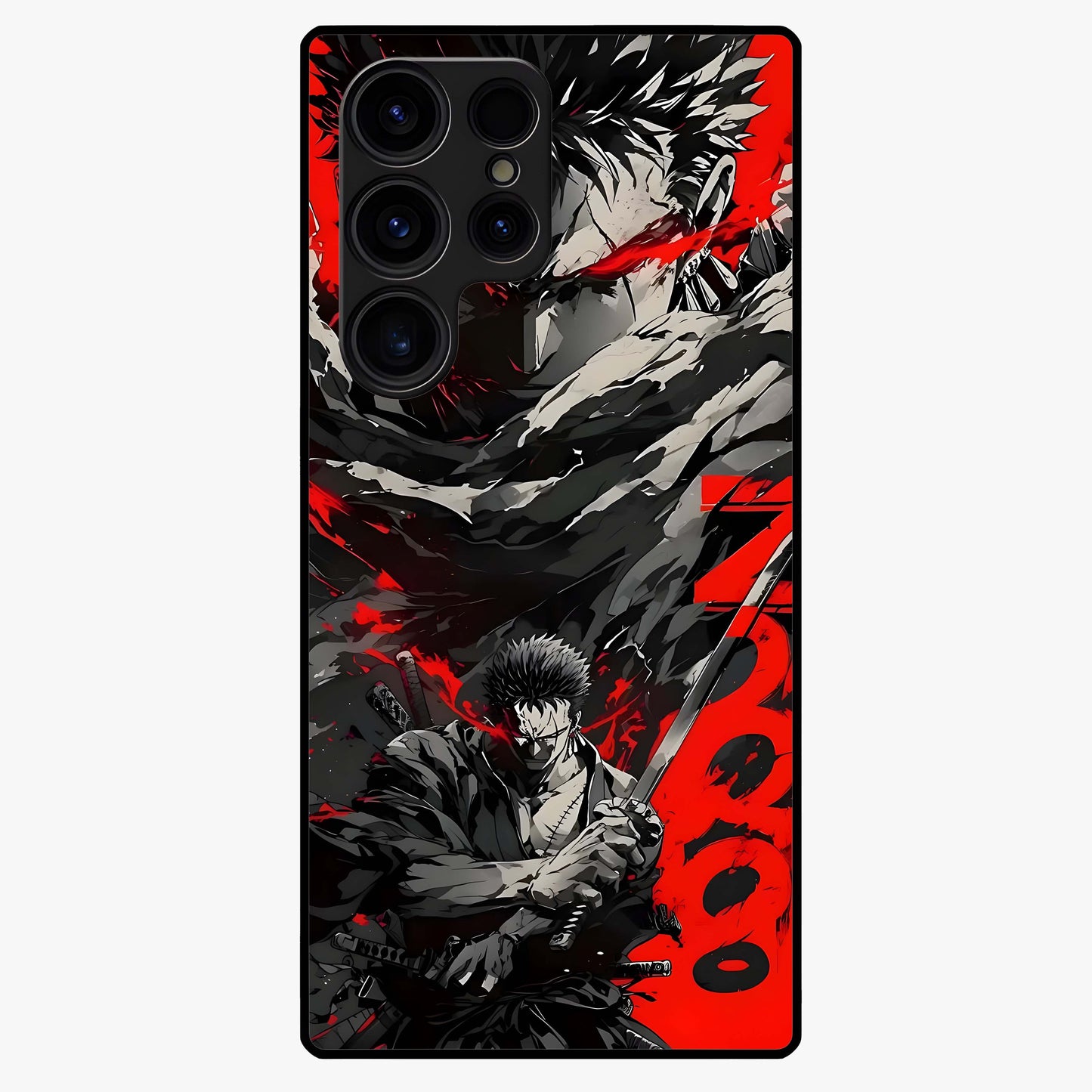 Demon Sword Resolve Glass Case showing flat back view with fierce sword warrior artwork and glossy glass finish.